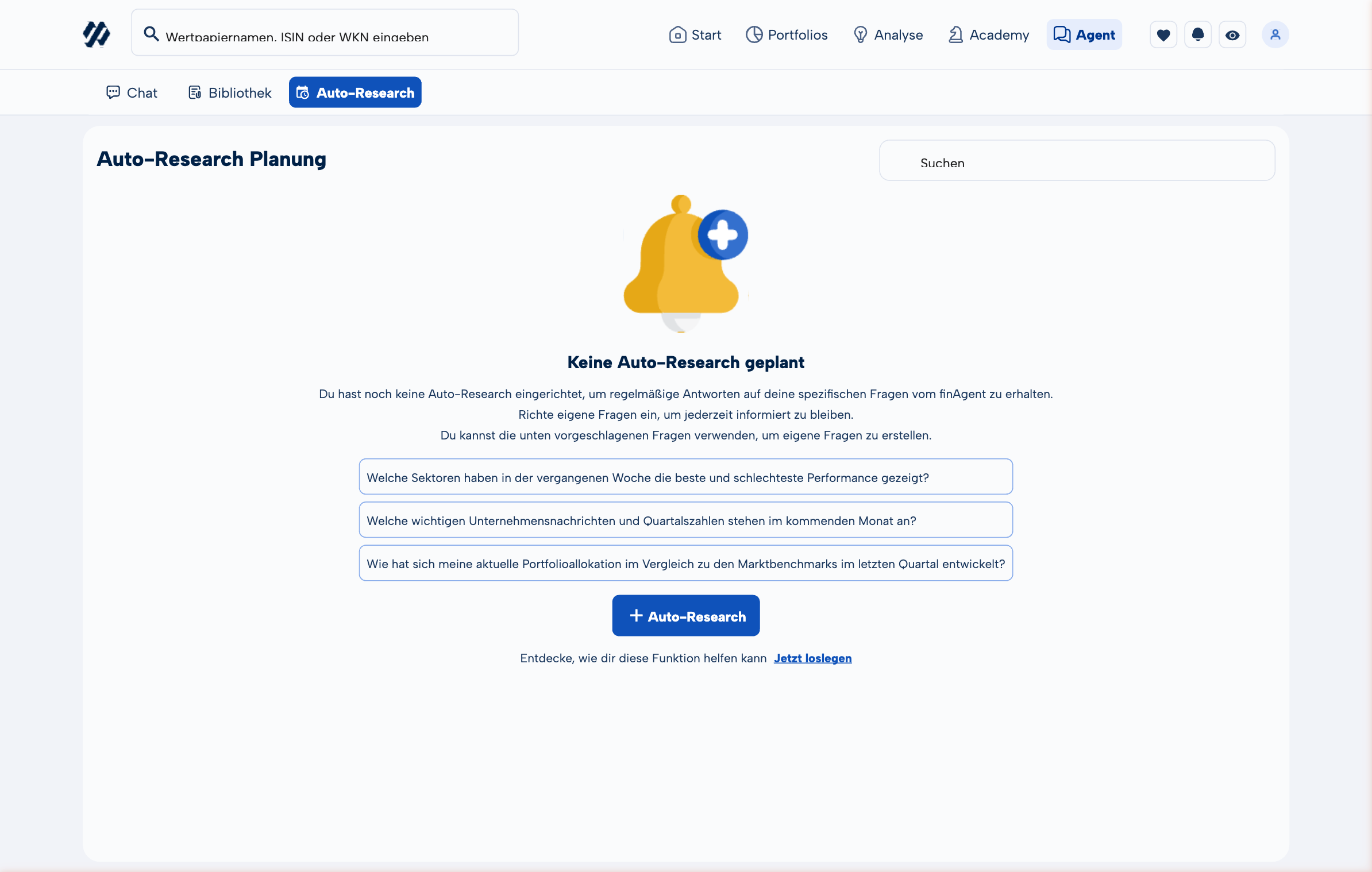 Auto-Research Planung mit vorgeschlagenen Fragen in MoneyPeak