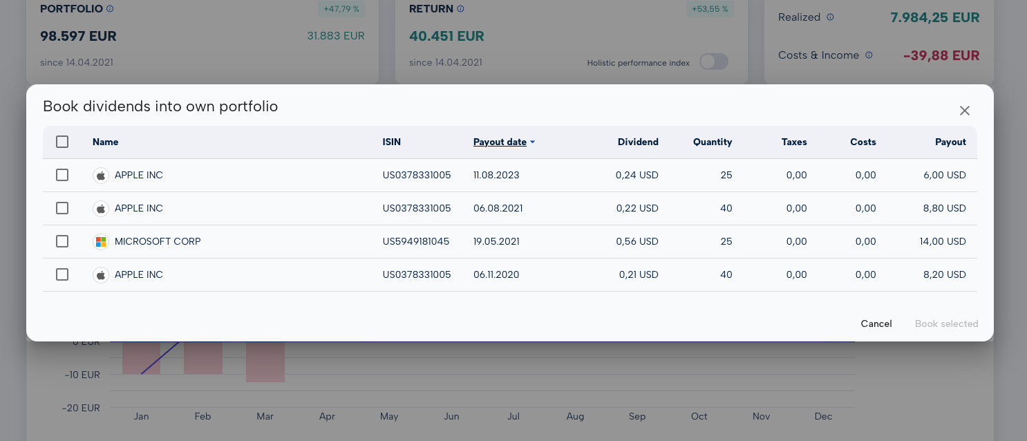 Booking dividends into your portfolio with bulk-entry dialog in MoneyPeak