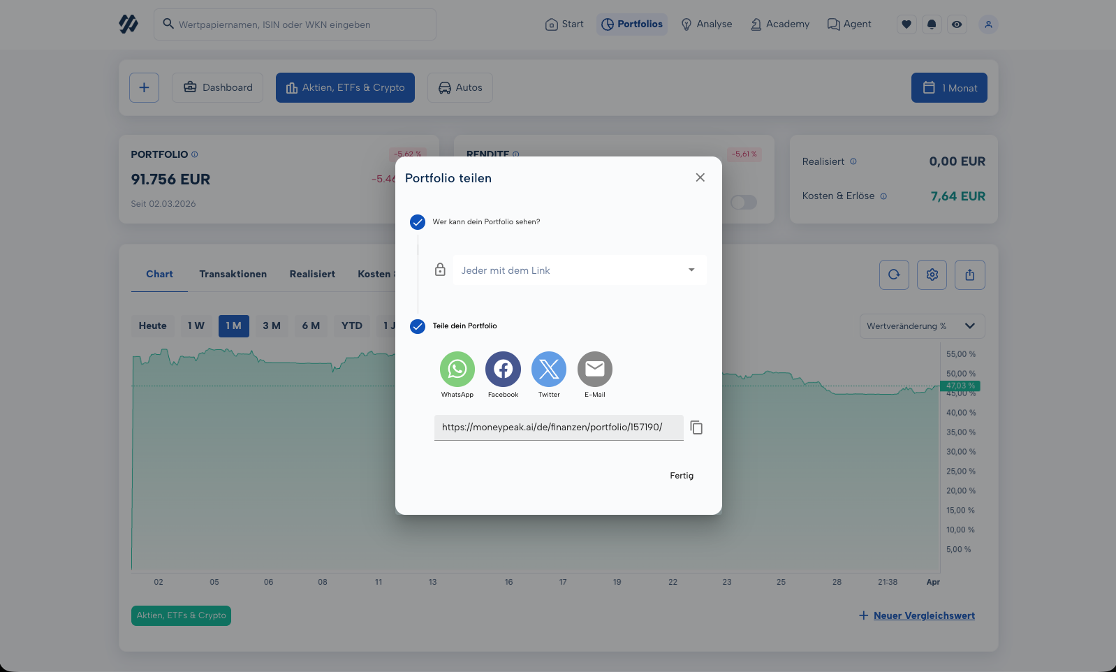 Portfolio teilen Dialog mit WhatsApp, Facebook, Twitter und E-Mail in MoneyPeak