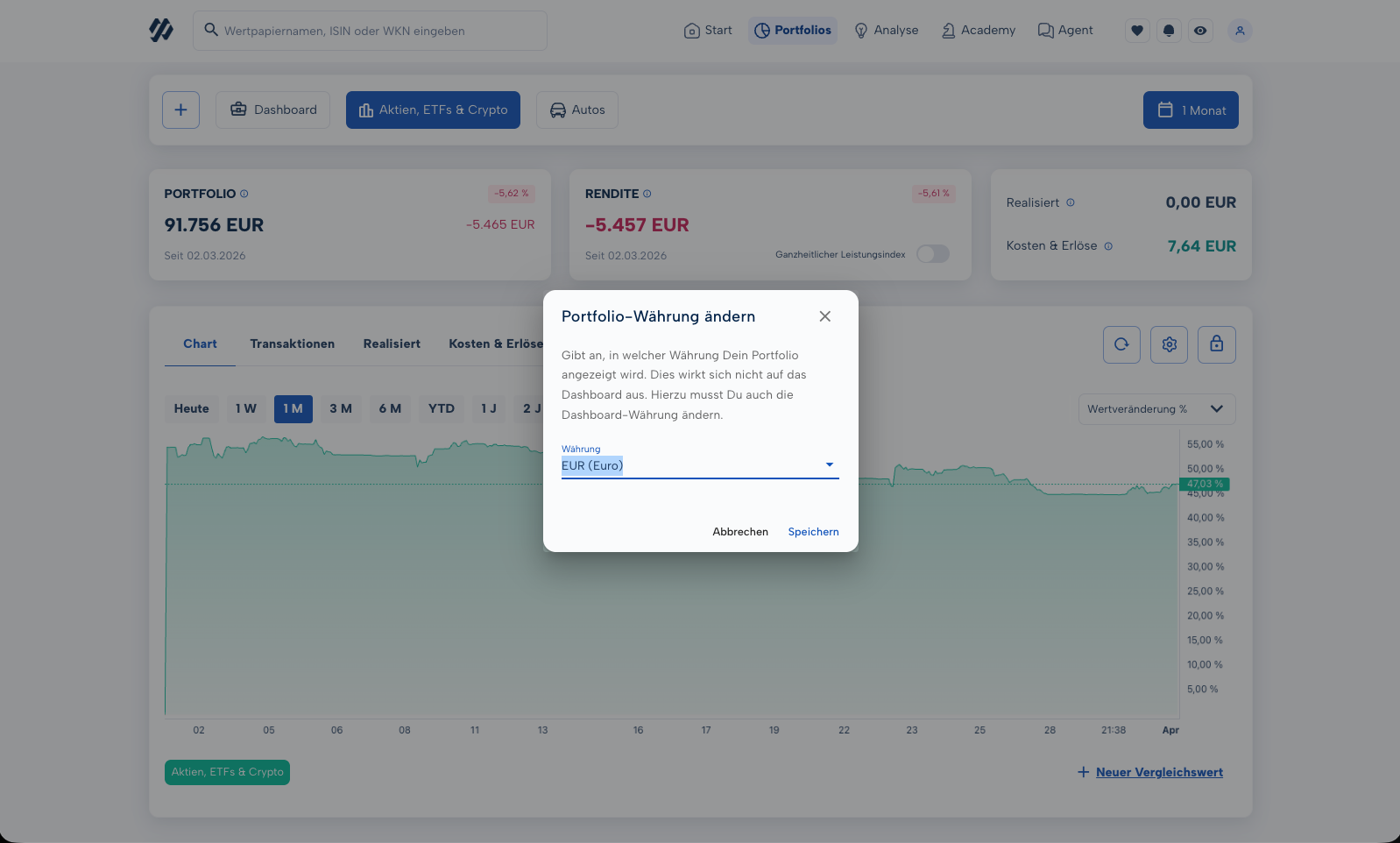 Portfolio-Währung ändern Dialog in MoneyPeak